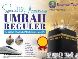 Paket Umrah MILAD , Umrah Reguler ,Bintang 4, 9D , BTT –RH,  Keberangkatan 02 September 2025